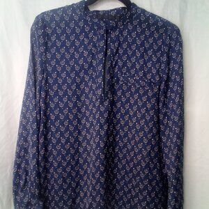 Trafaluc Zara Shirt Blouse M Long Sleeve Peep Front Pattern Blue